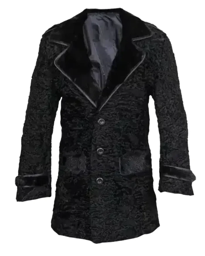 Real Persian Lamb Mink Fur Collar Black Coat