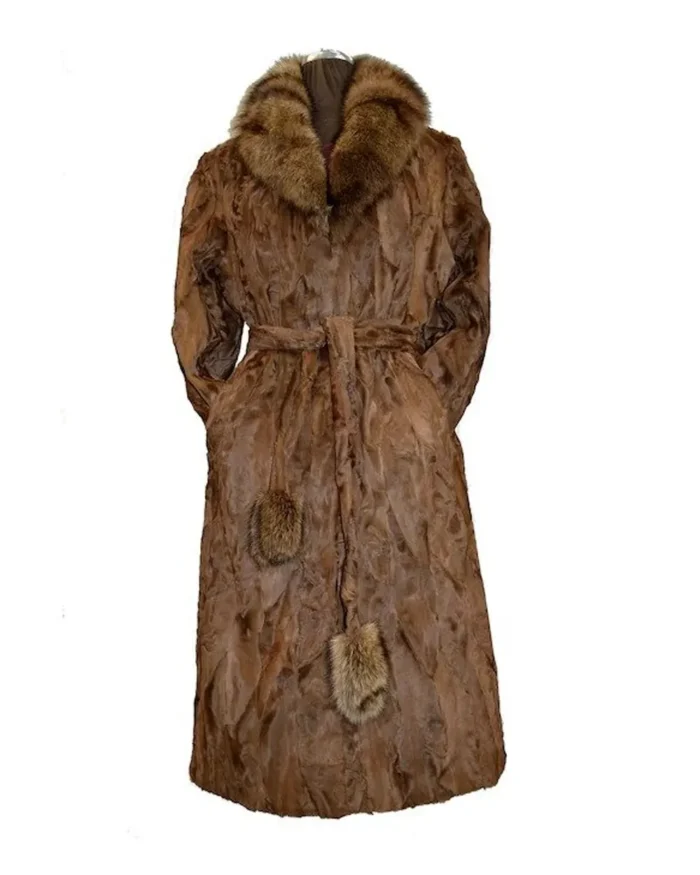 Women Brown Karakul Fur Long Winter Trench Coat