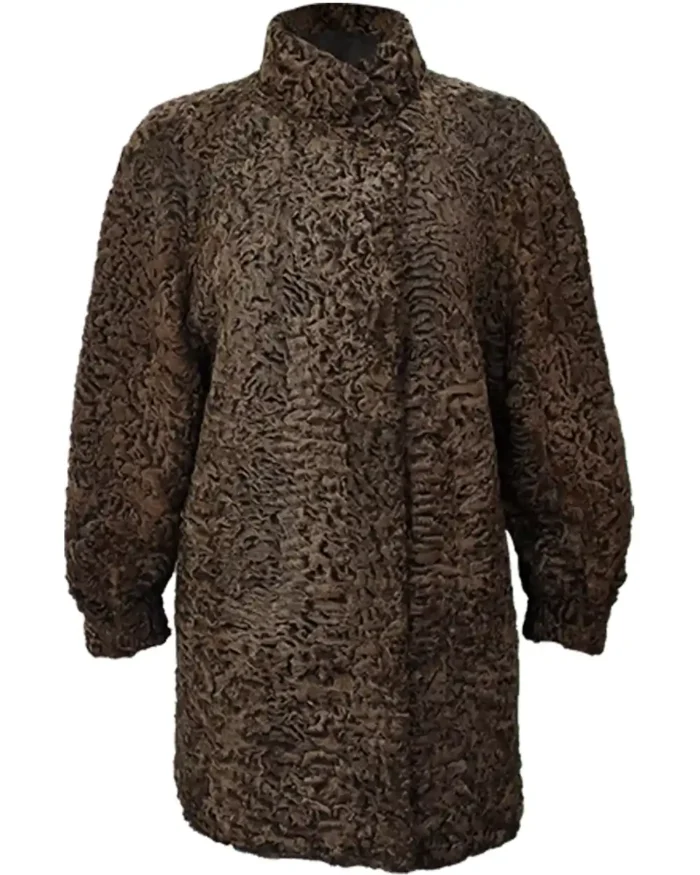 Women Persian Lamb Swakara Broadtail Brown Fur Long Coat