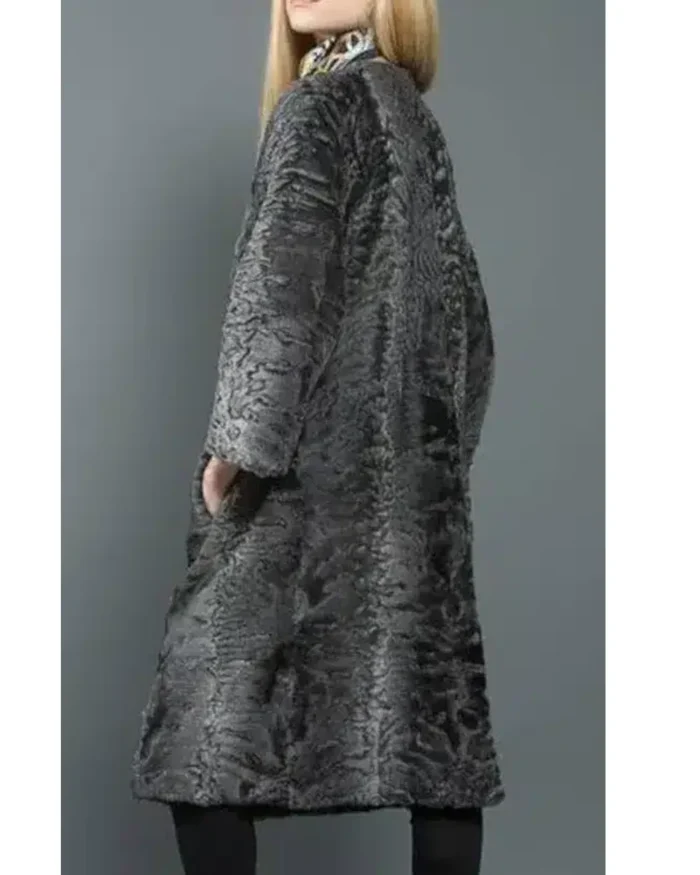 Women Real Persian Lamb Fur Grey Trench Coat