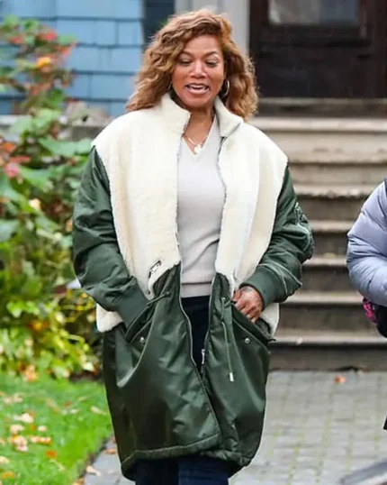 Queen Latifah The Equalizer Green and White Shearling Coat