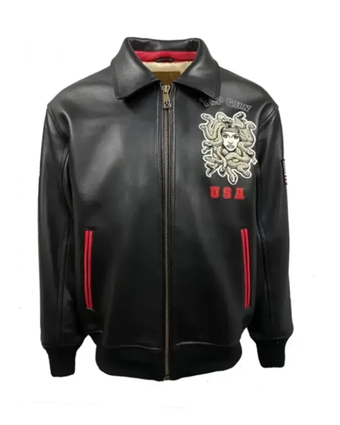 Top Gun Medusa Classic Zip Up Black Leather Bomber Jacket