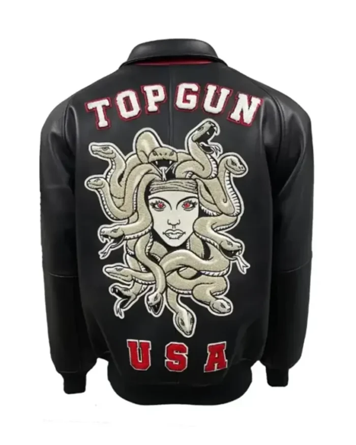 Top Gun Medusa Classic Zip Up Black Leather Bomber Jacket