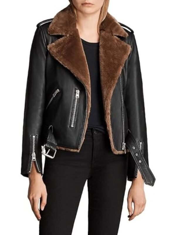 Adah Slim Fit Shearling Biker Leather Jacket