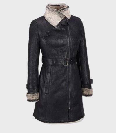 Alana Mid Length Black Shearling Leather Coat