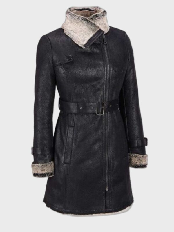 Alana Mid Length Black Shearling Leather Coat
