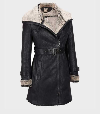 Alana Mid Length Black Shearling Leather Coat
