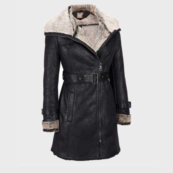 Alana Mid Length Black Shearling Leather Coat