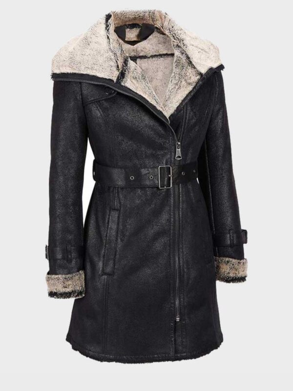 Alana Mid Length Black Shearling Leather Coat