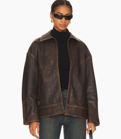 Alek Distressed Leather Jacket in Brown Grlfrnd