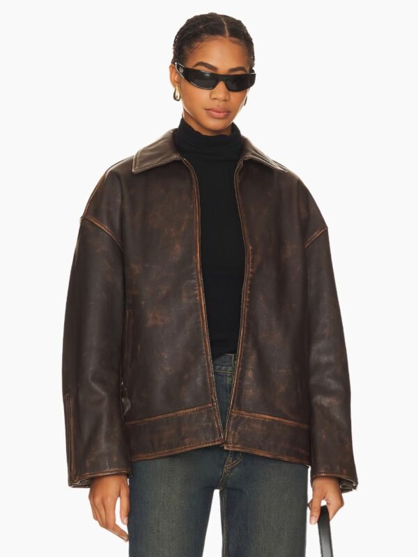 Alek Distressed Leather Jacket in Brown Grlfrnd