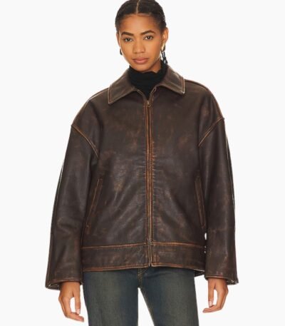 Alek Distressed Leather Jacket in Brown Grlfrnd