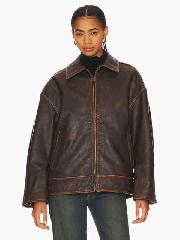 Alek Distressed Leather Jacket in Brown Grlfrnd