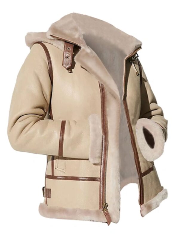 Alicia Beige Shearling Fur Hooded Leather Jacket