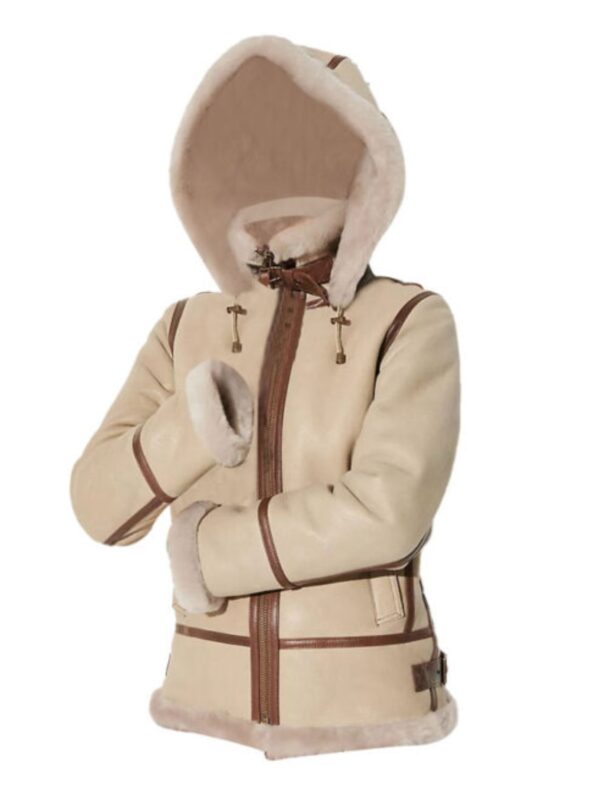 Alicia Beige Shearling Fur Hooded Leather Jacket
