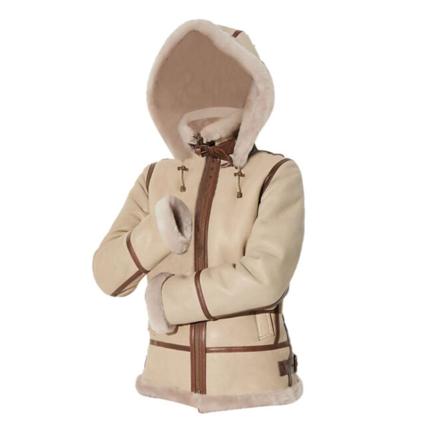 Alicia Beige Shearling Fur Hooded Leather Jacket Alicia Beige Shearling Fur Hooded Leather Jacket