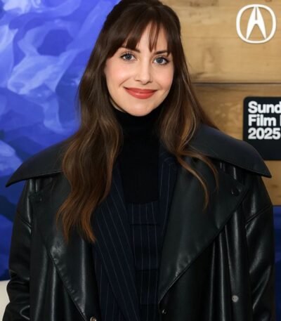 Alison Brie Black Leather Coat