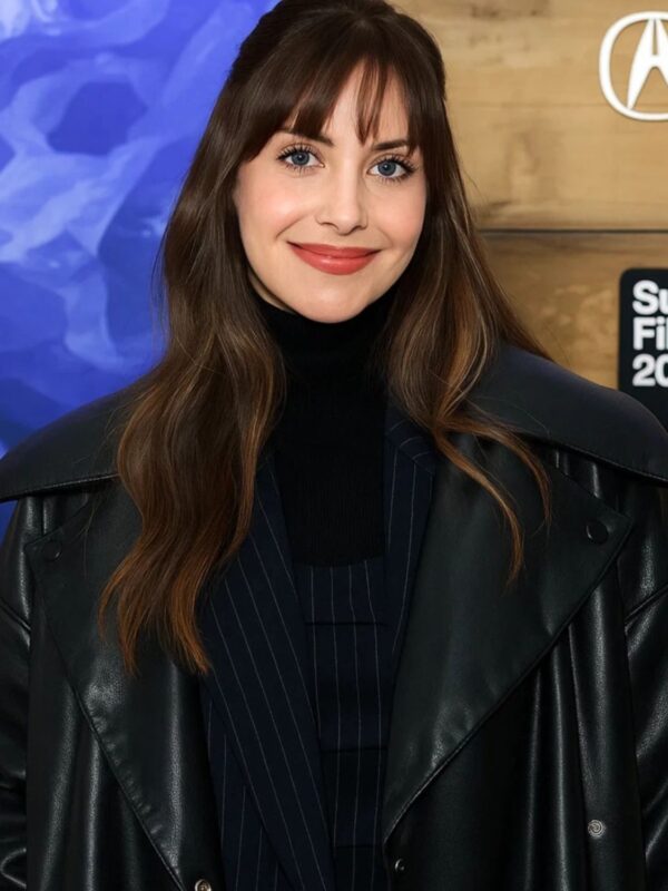 Alison Brie Black Leather Coat