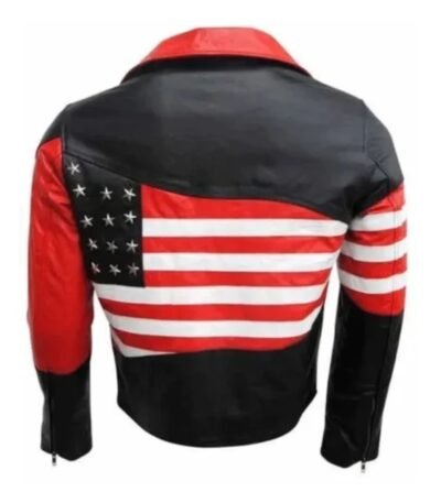 American Flag Lapel Style Collar Red and Black Leather Jacket