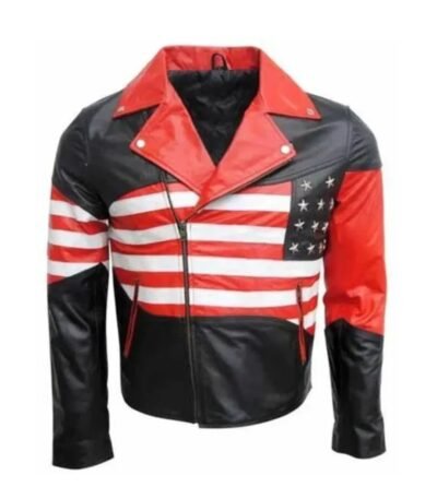 American Flag Lapel Style Collar Red and Black Leather Jacket