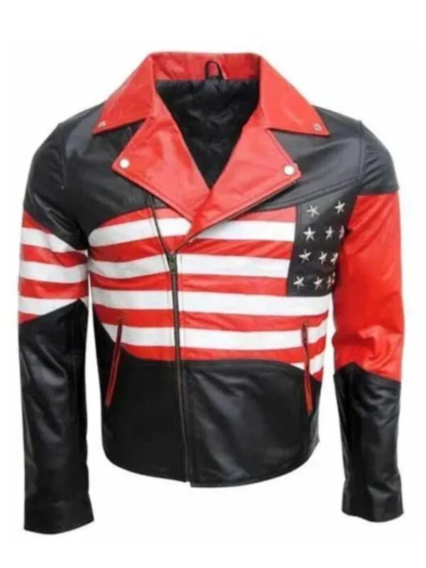 American Flag Lapel Style Collar Red and Black Leather Jacket