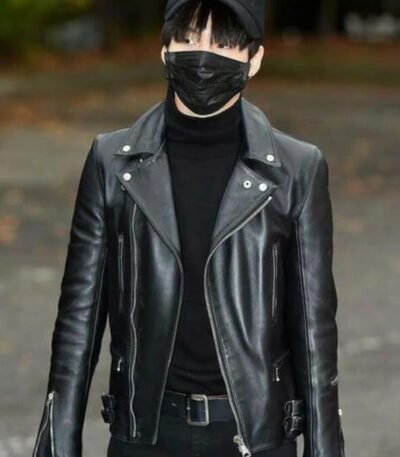 BTS Suga Black Biker Asymmetrical Zipper Leather Jacket