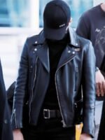BTS Suga Black Biker Asymmetrical Zipper Leather Jacket