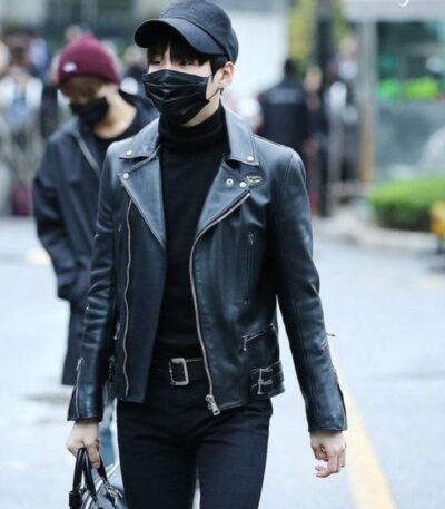 BTS Suga Black Biker Asymmetrical Zipper Leather Jacket