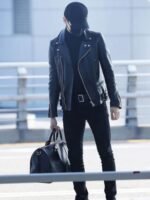 BTS Suga Black Biker Asymmetrical Zipper Leather Jacket
