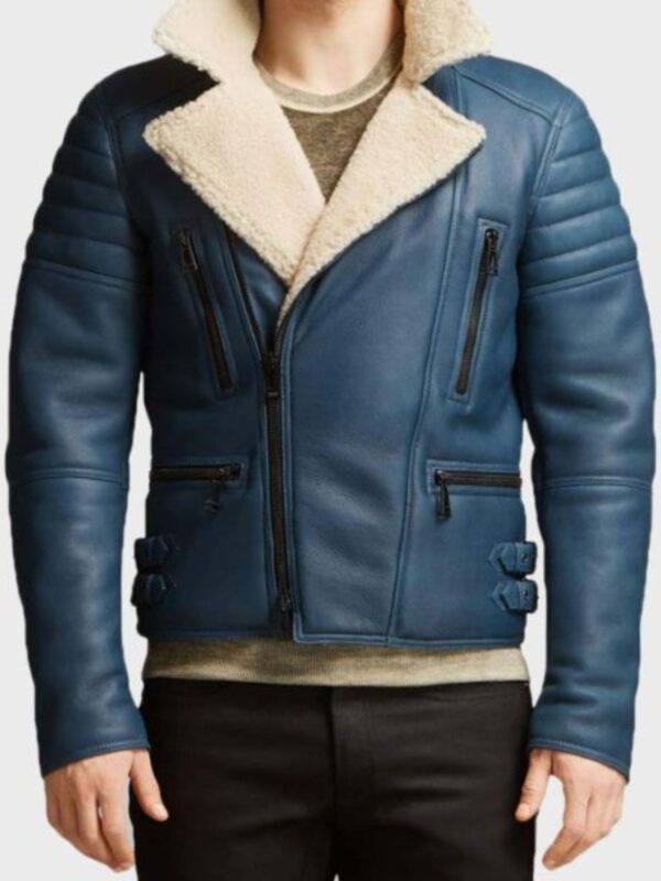 Benji Shearling Fur Blue Sheepskin Leather Jacket