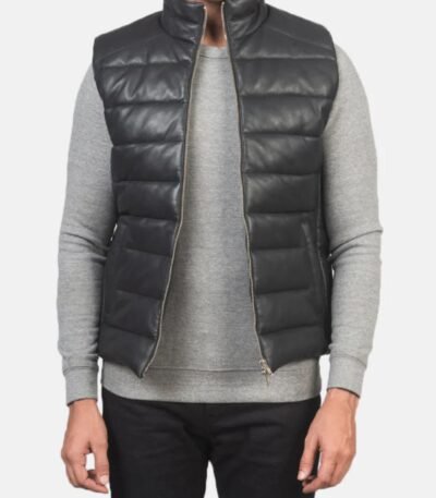 Black Leather Puffer Vest