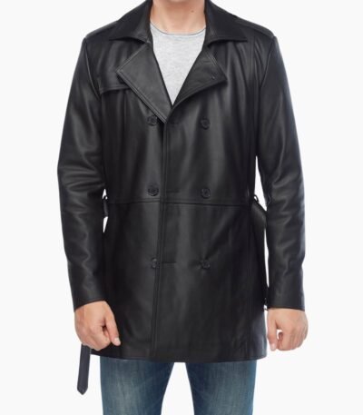 Black Real Leather Vintage Trench Coat