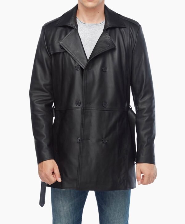 Black Real Leather Vintage Trench Coat