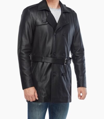 Black Real Leather Vintage Trench Coat