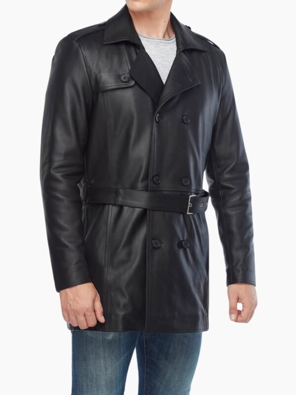 Black Real Leather Vintage Trench Coat