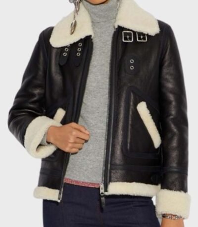Casey Aviator Ivory Belted Cuffs Shearling Jacket
