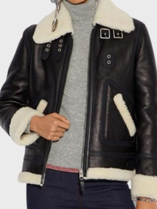 Casey Aviator Ivory Belted Cuffs Shearling Jacket