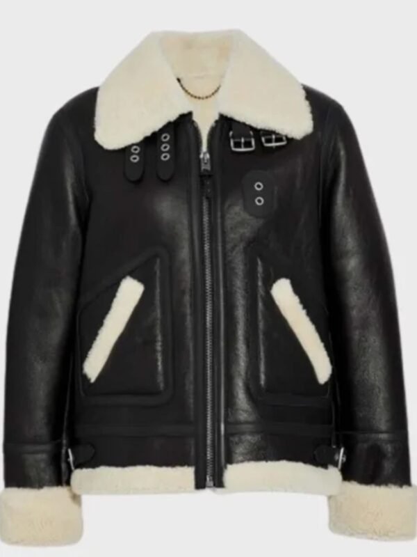 Casey Aviator Ivory Belted Cuffs Shearling Jacket
