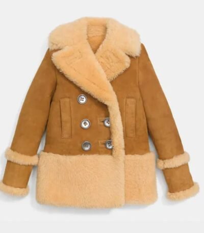 Catherine Brown Suede Leather Shearling Fur Pea Coat