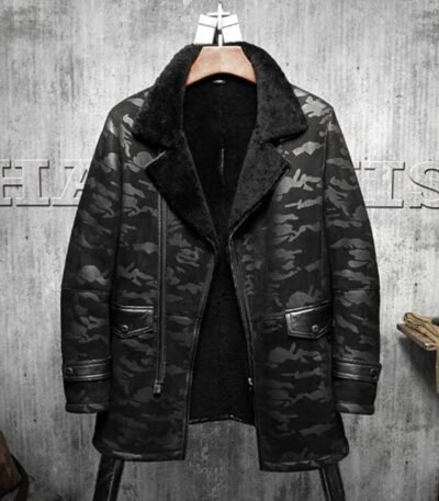 Charles Black Camo Lapel Shearling Leather Coat