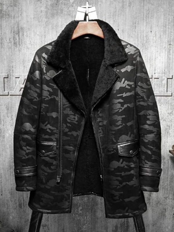 Charles Black Camo Lapel Shearling Leather Coat
