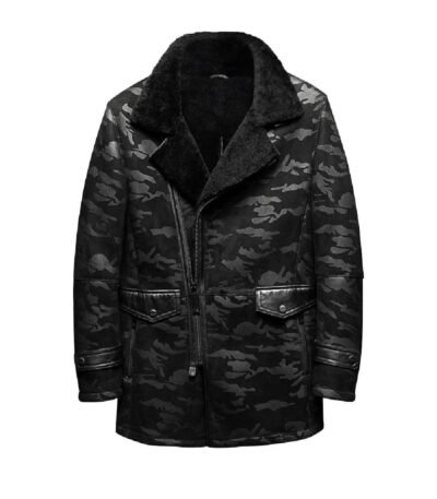 Charles Black Camo Lapel Shearling Leather Coat