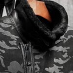 Charles Black Camo Lapel Shearling Leather Coat