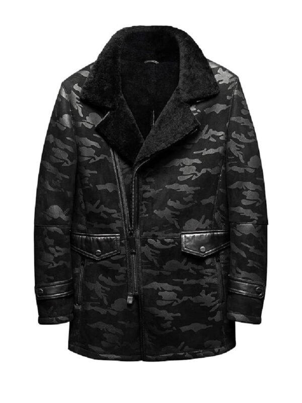 Charles Black Camo Lapel Shearling Leather Coat