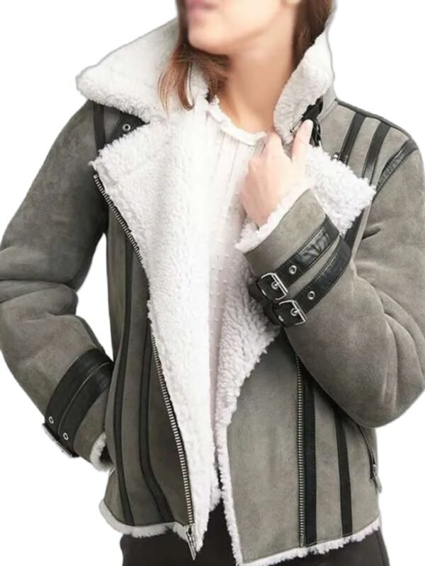 Chelsea Soft Shearling Fur Collar Grey Jacket