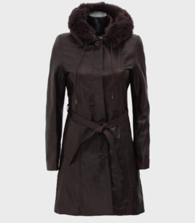 Dark Brown Women’s Fur Hooded Leather Coat