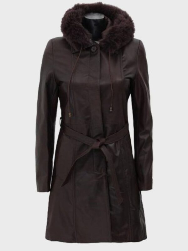 Dark Brown Women’s Fur Hooded Leather Coat