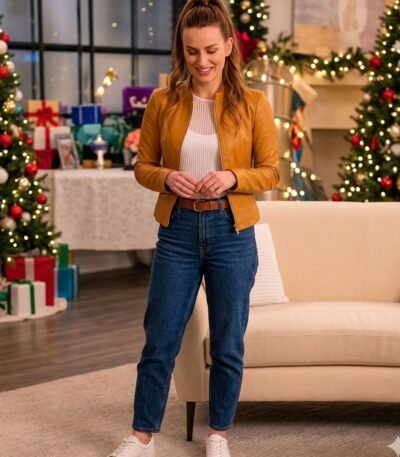 Destination Christmas 2022 Eva Tavares Leather Jacket