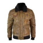 Devin Aviator Tan Bomber Brown Jacket with Patches