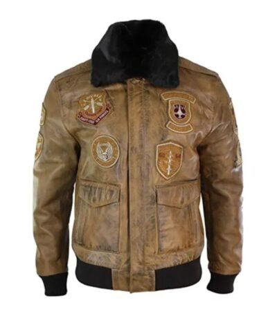 Devin Aviator Tan Bomber Brown Jacket with Patches